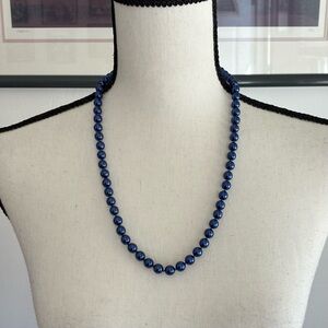 Vintage 80s Navy Blue hand knotted (faux) pearl necklace. Spring ring clasp.